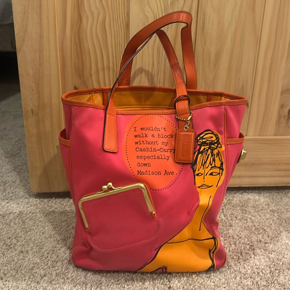 Authentic vintage pink and orange Coach tote bag 
Coin pocket on front 
EUC